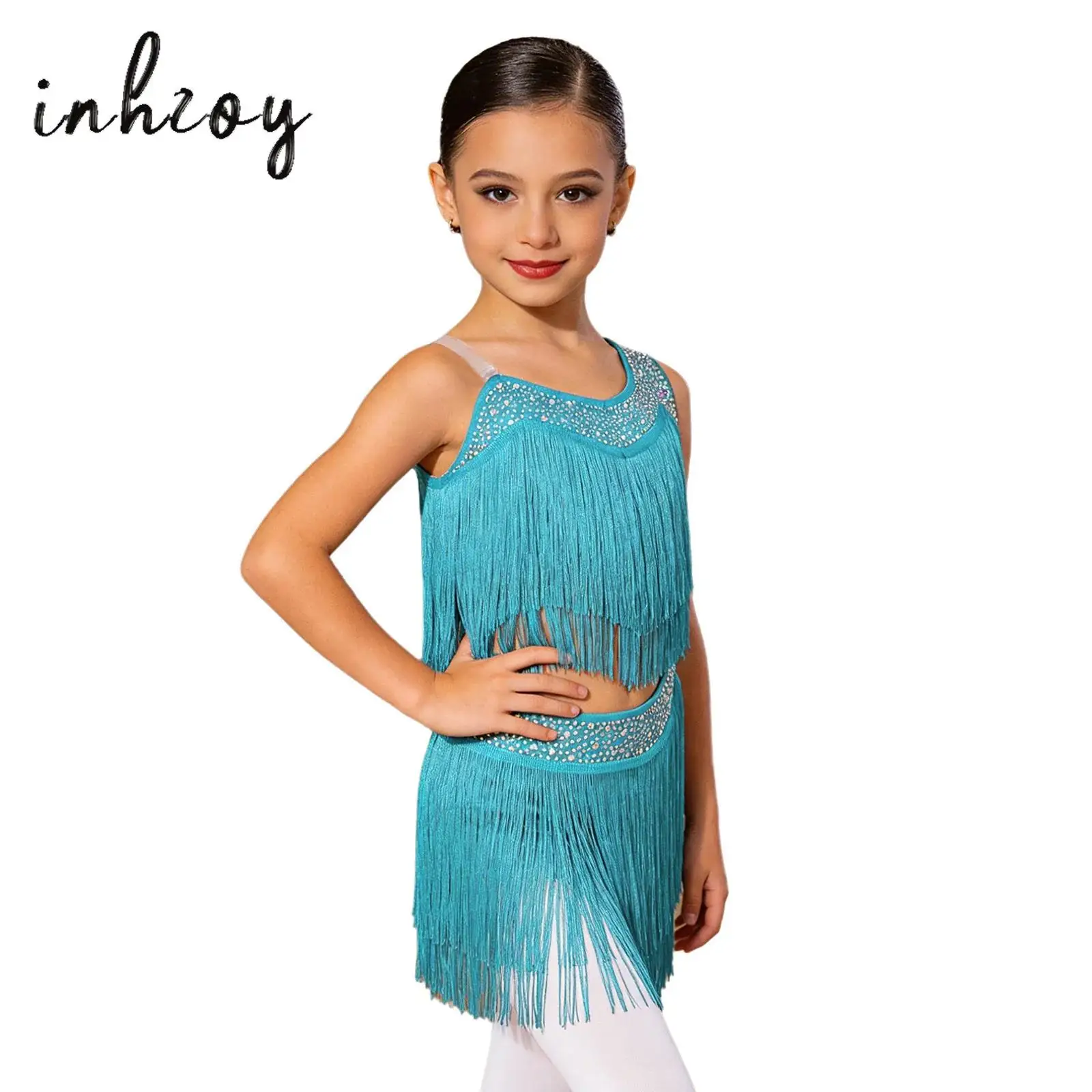 Sequin Ballet Leotard Performance Costume for Children's Kids Girls Tassel Latin Dance Dress Chacha Rumba Tango Dancewear