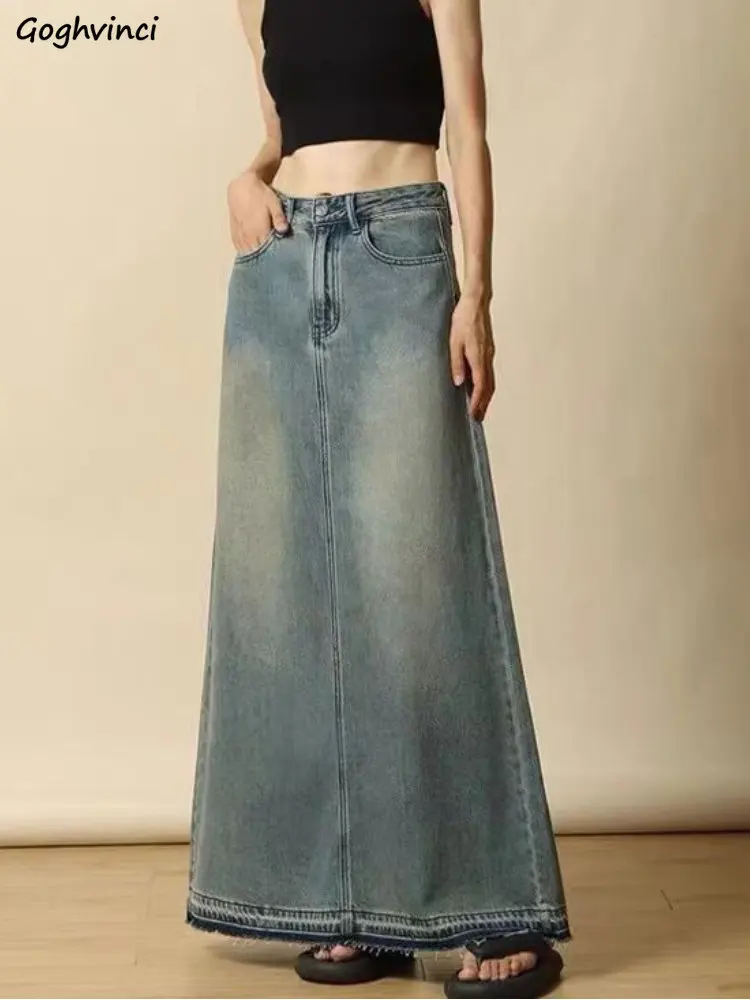 

Skirts Women Summer Denim Solid A-line Chic Maxi Retro Streetwear High Waist Leisure All-match Classic Young Faldas Largas BF