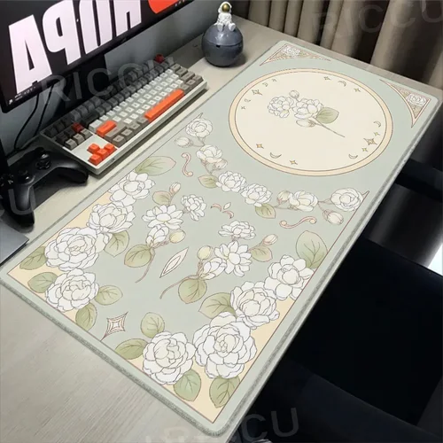 Imagen 2 del producto Alfombrilla de ratón con diseño de plantas verdes para ordenador, alfombrilla de goma Natural HD para oficina, alfombrilla Kawaii para Gaming, Estética de flores y conejos, XXL