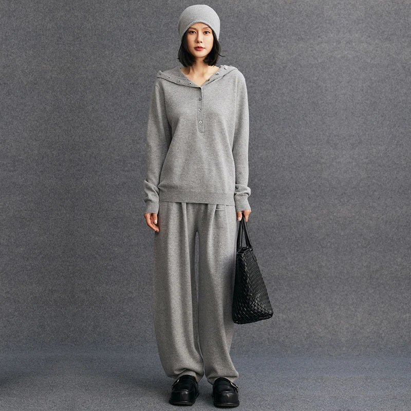 Women's matching set 100% Cashmere half open hooded sweater casual solid color knitted lantern pants pocket two-piece set