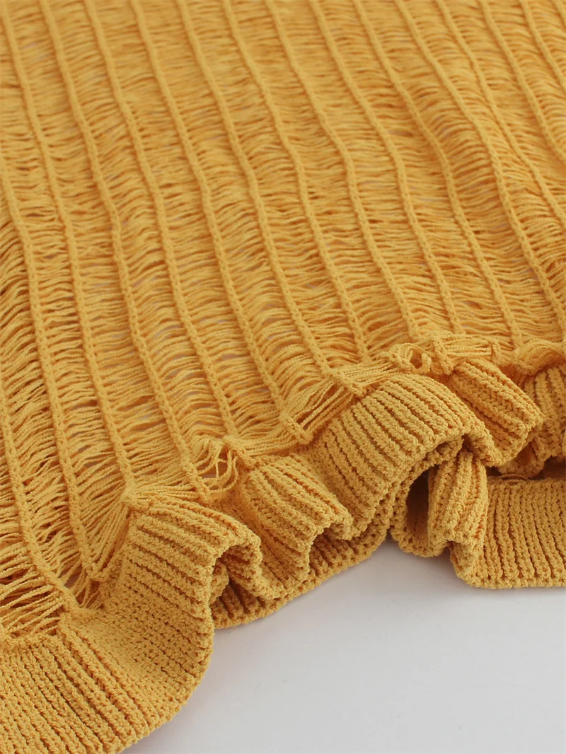 Gaun Rajut Panjang Ruffle Punggung Terbuka Seksi Baju Renang Penutup Bikini Rajutan Tembus Pandang Pantai Pakaian Berongga Musim Panas Wanita