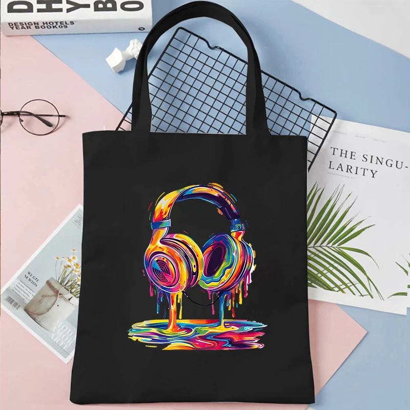 Canvas Shopping Bag for Women Melting Headset Graphic Print Portable Shoulder Bag Fashion Large Capacity Tote Bag for Daily Life