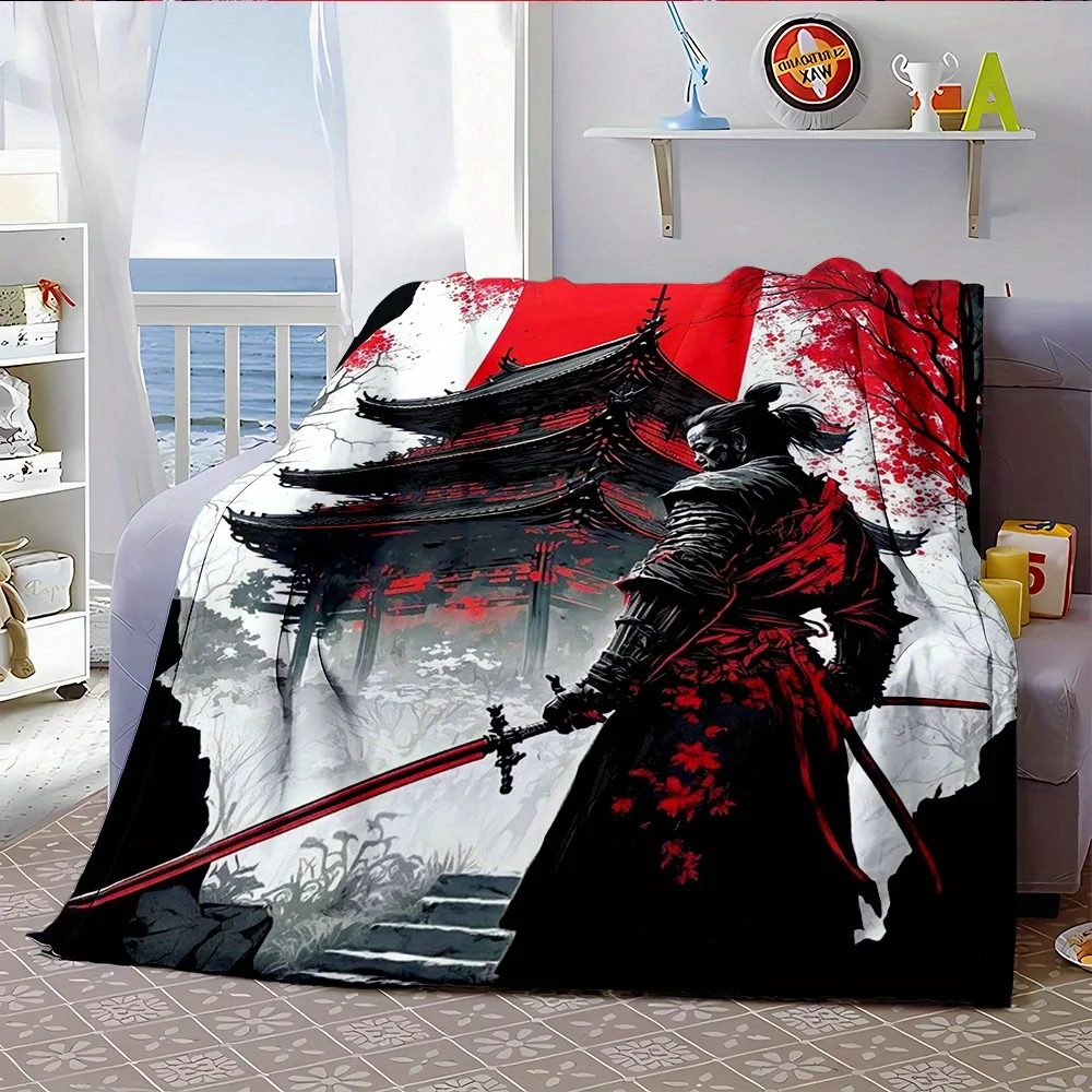 Japanese Samurai Spirit Soft Flannel Throw Blanket Versatile All-Season Comfort Cartoon Print Easy-Care for Bed Sofa Camping