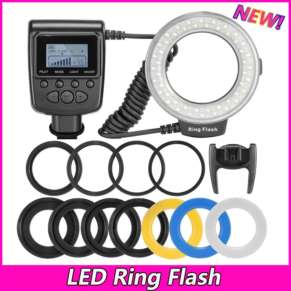 

RF-550D 48pcs Macro LED Ring Flash Bundle with 8 Adapter Ring for Canon Nikon Pentax Olympus Panasonic DSLR Camera Flash V HD130