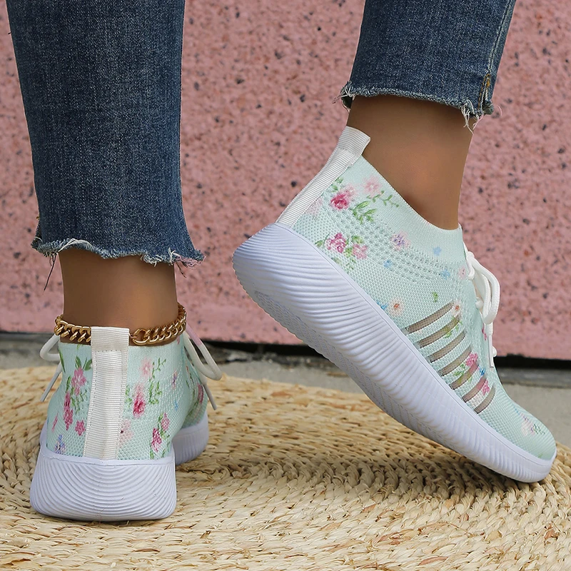 Rimocy Fashion Printed Knitted Sneakers Women 2024 New Lightweight Breathable Flats Woman Lace-Up Non-Slip Ladies Sports Shoes