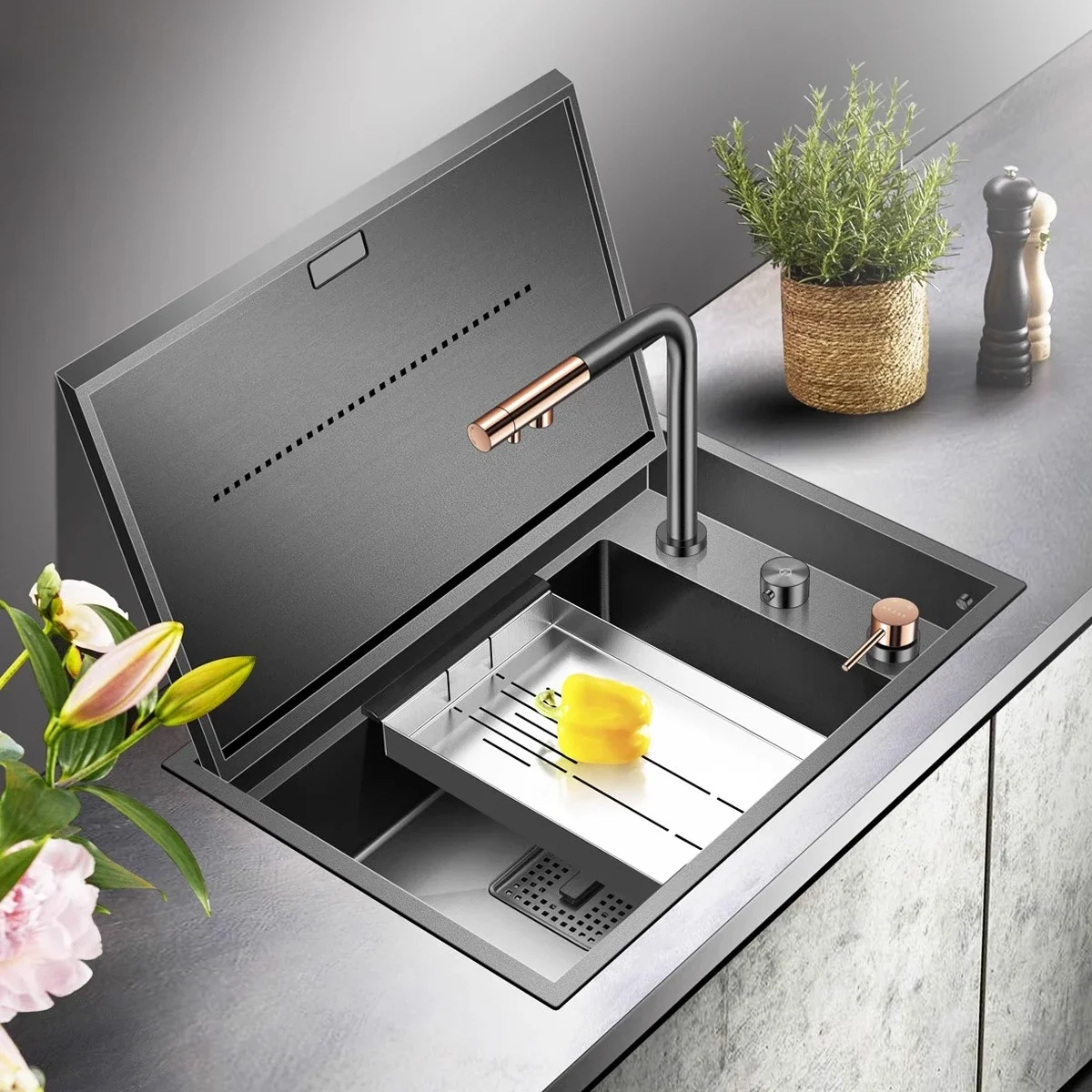 Flip panel invisible sink intelligent lifting faucet sunken under-counter vegetable basin
