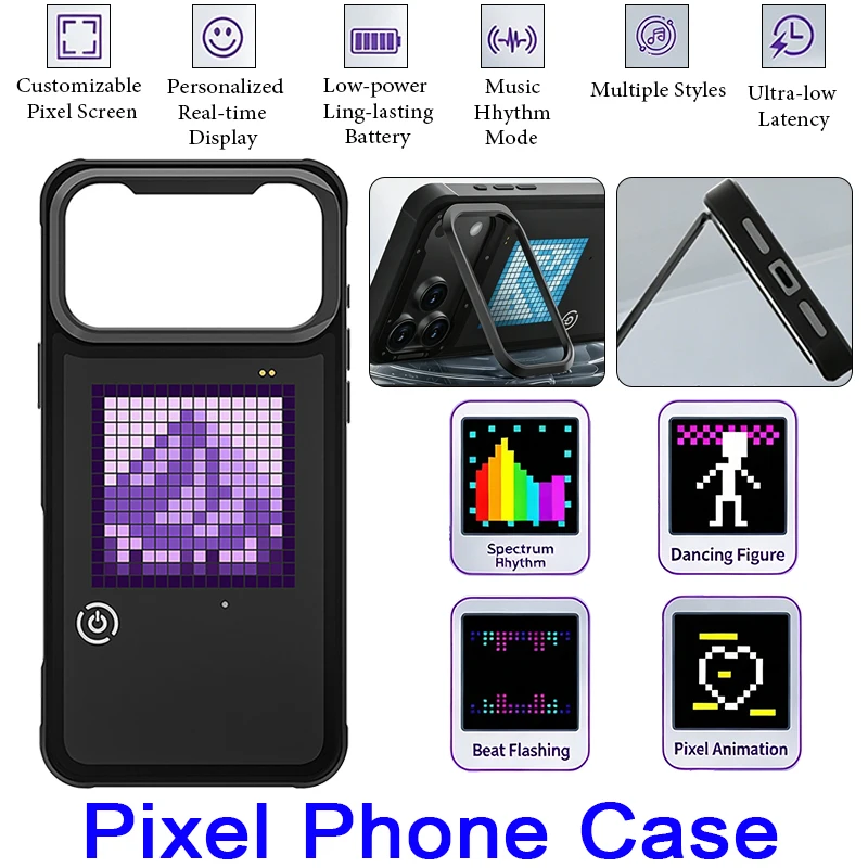 Intelligent Custom Patterns & Animations Phone Protective Case LED Pixel Screen Stand Anti Drop for iPhone 15 16 17 Pro Max