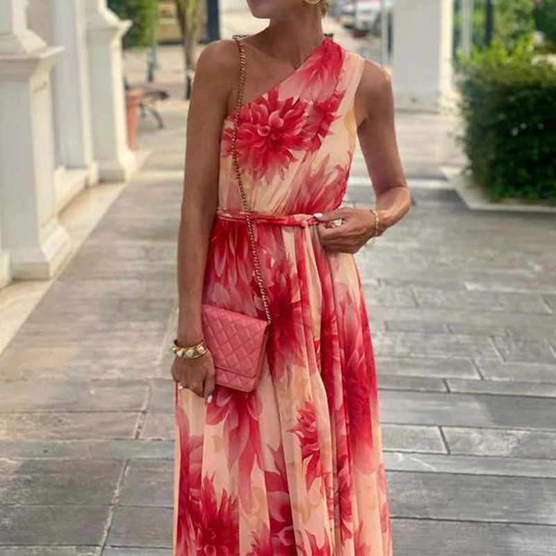 Sexy ombro inclinado grande balanço vestido longo feminino elegante padrão impressão rendas vestido de festa casual sem mangas plissado bohe vestido