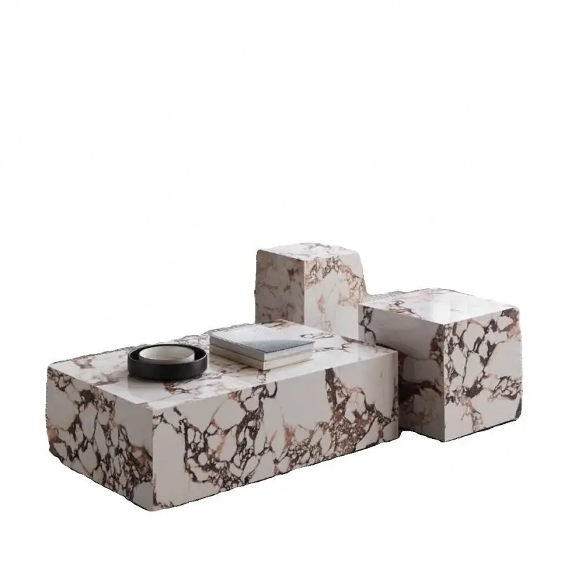 Mesa de Esquina de Mármol Pulido 100% Natural, Mesa Cúbica, Juego de Mesas de Centro de Mármol Blanco para Hogar, Hotel, Oficina, Edificio