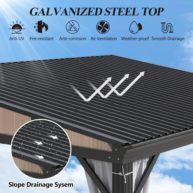 شرفة مرتفعة مقاس 12 × 14 قدمًا، إطار من الألومنيوم مع سقف معدني مائل، مثبت على الحائط #4