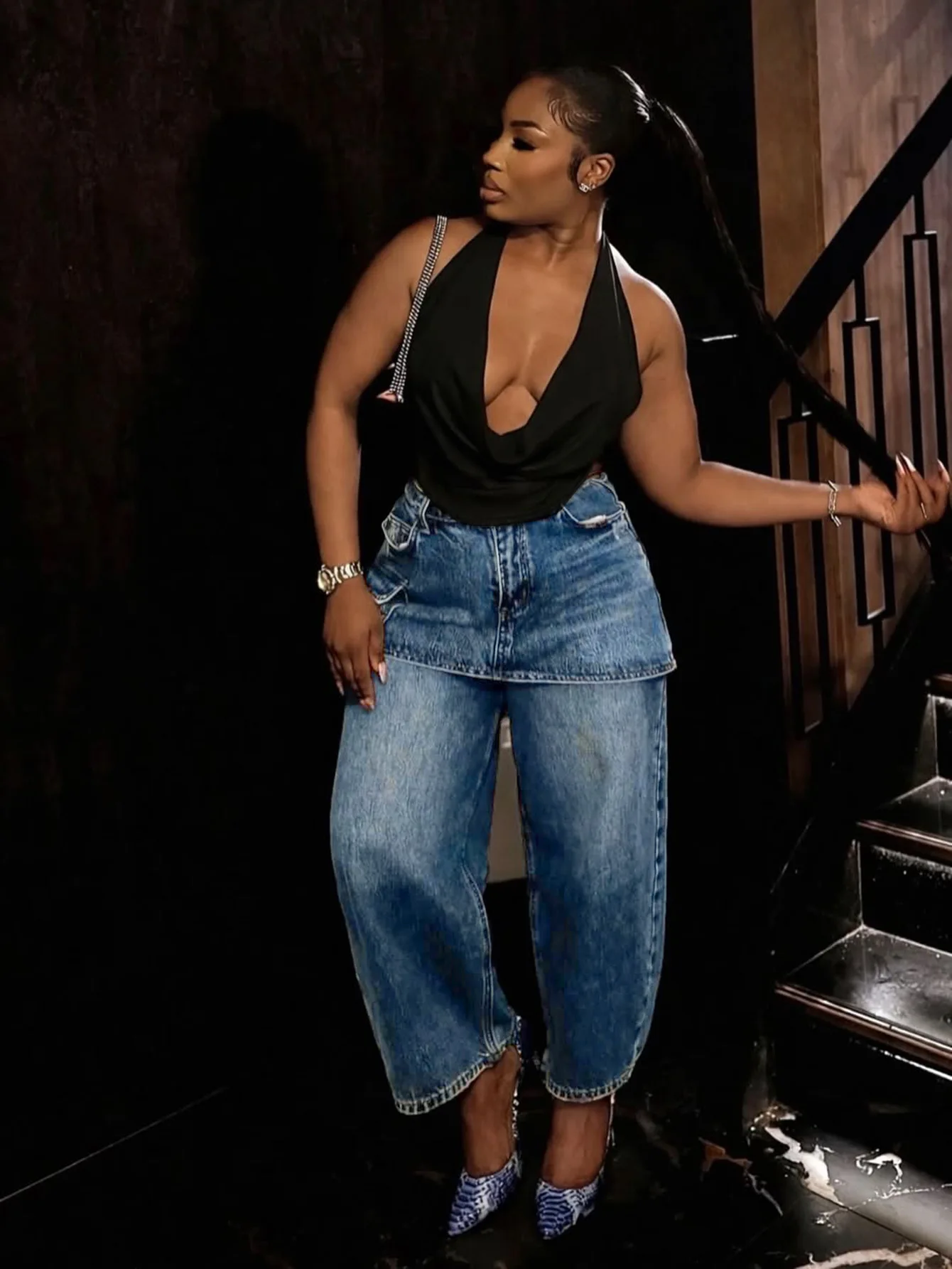 Women's Retro Fake Two Piece Wide Leg Jeans Pants Women's High Waist, Skinny Cover Skirt Pants