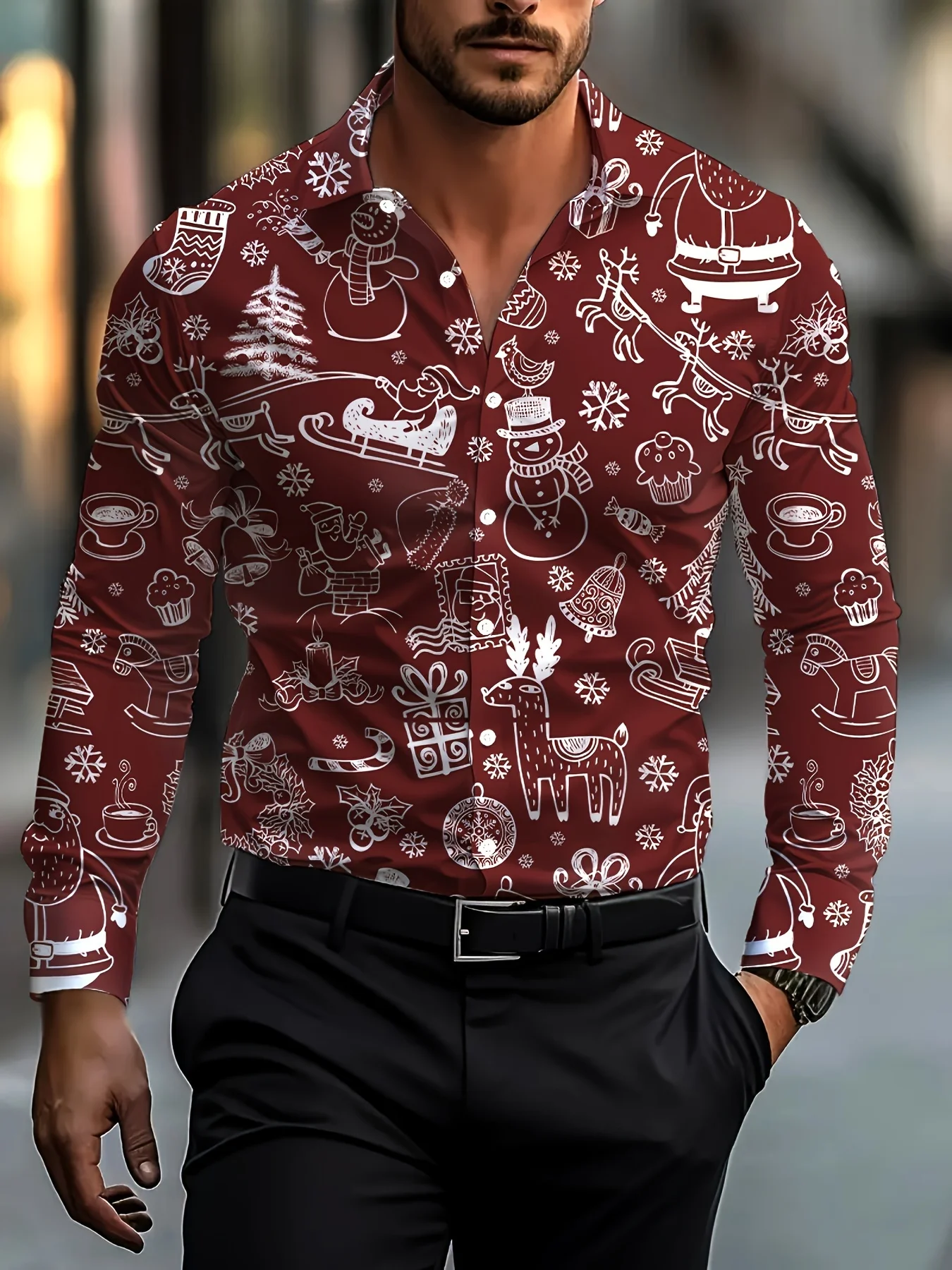 Xmas‑Style Men Lapel Collar Shirt Dark Green Santa Tree Candy Cane Art Print Polyester Long‑Sleeve Blouse