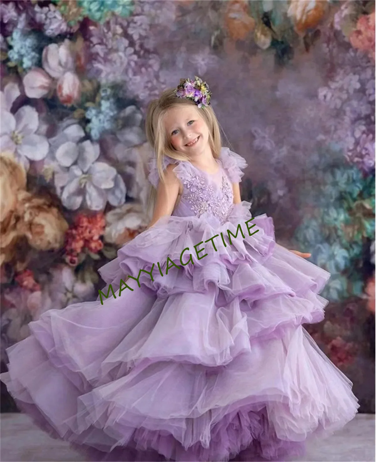 

Flower Girl Dress Purple Fluffy Layered Beaded Applique Tulle Wedding Elegant Flower Child's Eucharistic Birthday Party Dress