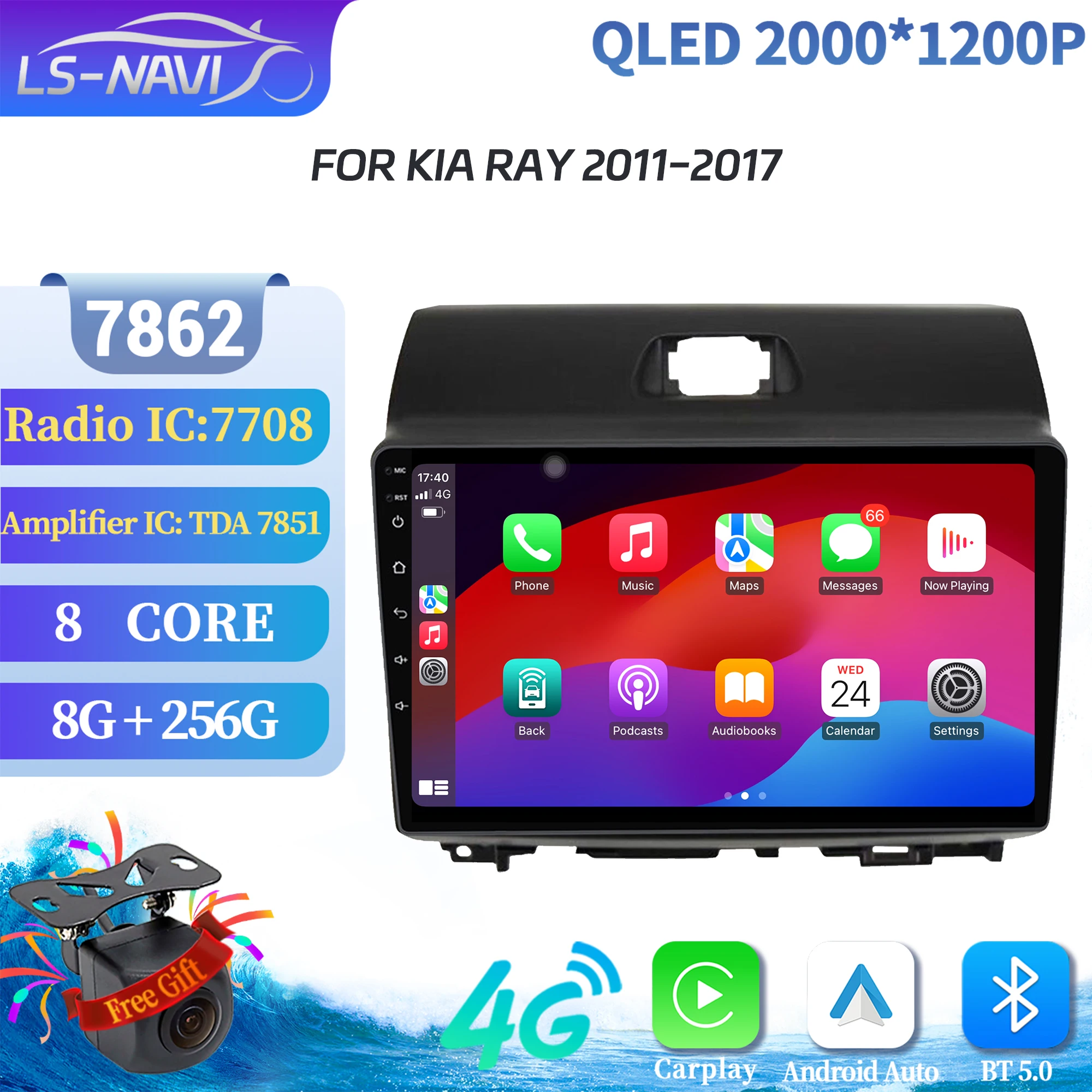 Для Kia Ray 2011-2017 беспроводной BT CarPlay Android 14 радио автомобильный мультимедийный плеер 7862S 8G 256G сенсорный 2K QLED экран стерео