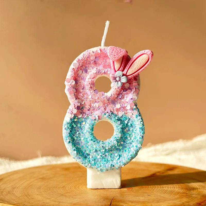 Ins Pink Rabbit Ear Digital Candle, Fresh Blue And Pink Patchwork Sequined Birthday Candle, Party Dessert Cake Decoration Plugin