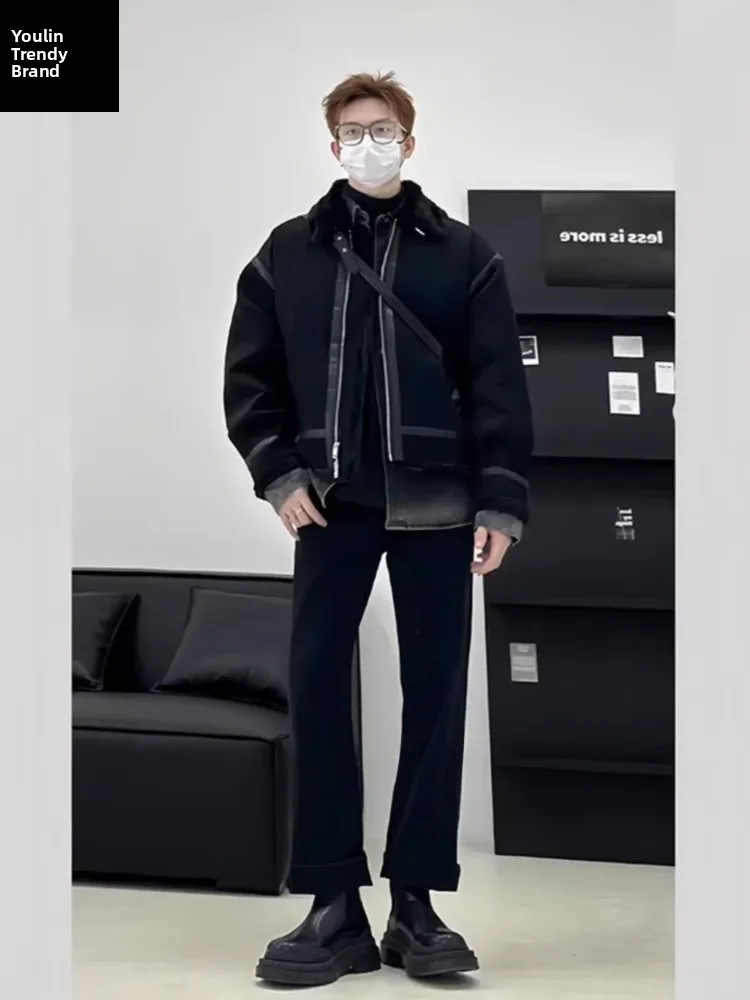 

Мужские джинсы прямого кроя Bla Fce с подкладкой, весна-осень, для образа с ботинками, с отворотами, молодежные, трендовые, стильные