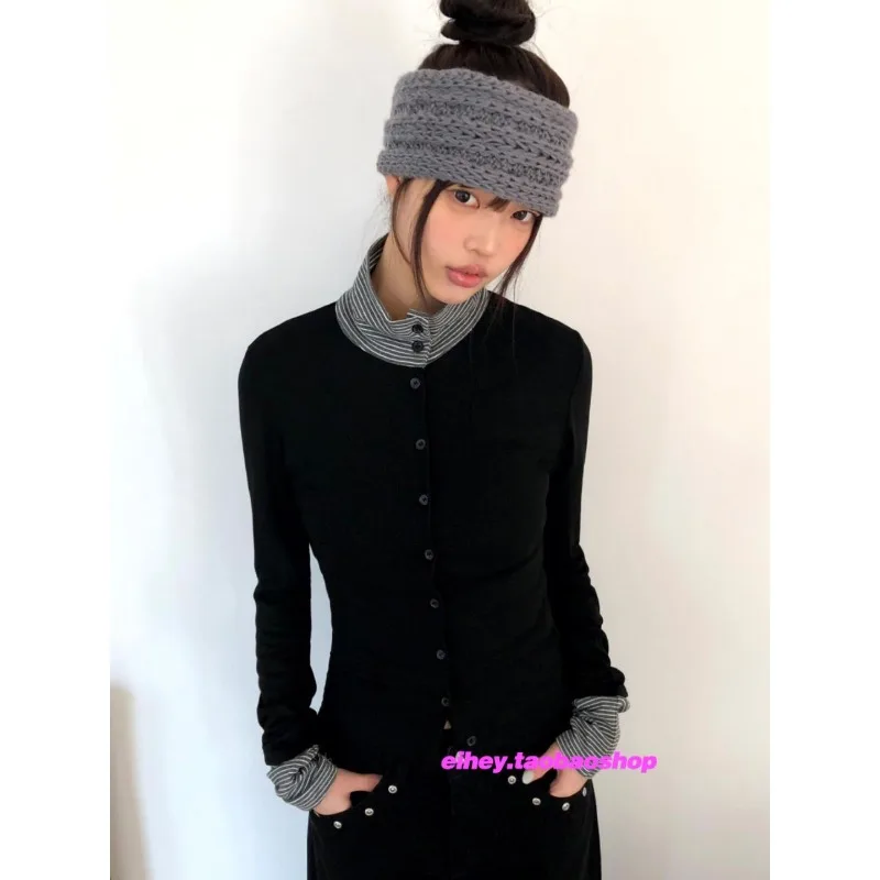 

Half-high Collar Button Striped Casual Long-sleeved T-shirt Women 2026 Spring New Fake Two-piece Patchwork Slim Fit Black Tops