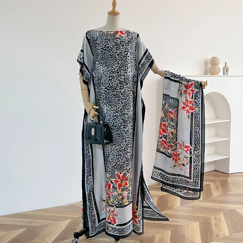 

NEW Fashion Summer Dress With Big Scarf Dubai Turkey Kaftan Muslim Loose Abaya Women African Casual Leopard Print Shawl Robe