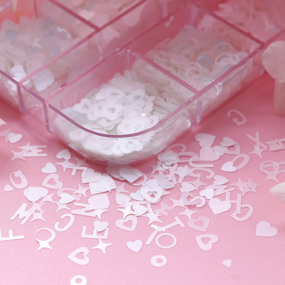 12 Grids/Box Pure White Nail Art Sequins Mixed Butterfly Love Heart Flowers Glitter Flakes Spring Summer Manicure DIY Decoration