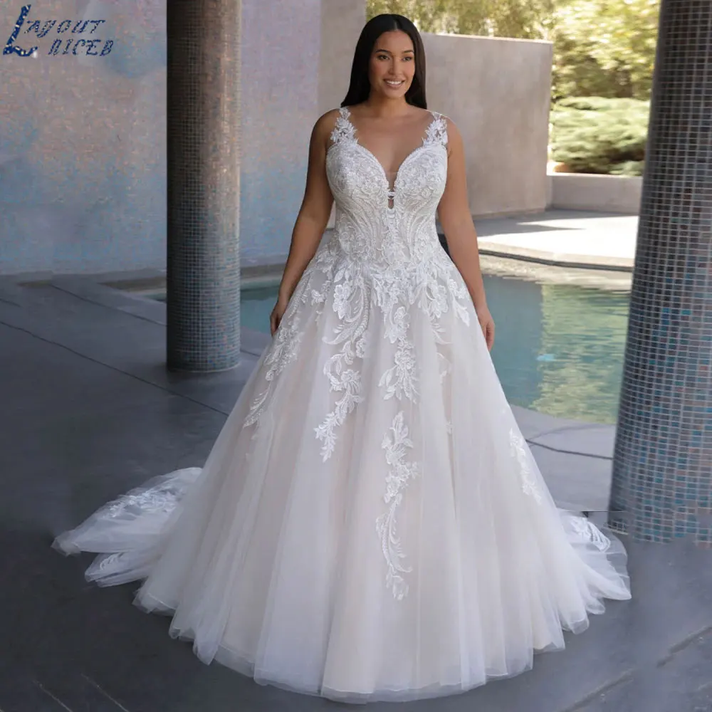 LAYOUT NICEB classico scollo a V Plus Size abiti da sposa 2024 Appliques di lusso a-line abiti da sposa senza maniche Tulle Robe De MariéeLAYOUT NICEB classico scollo a V Plus Size abiti da sposa 2024 Appliques di luss