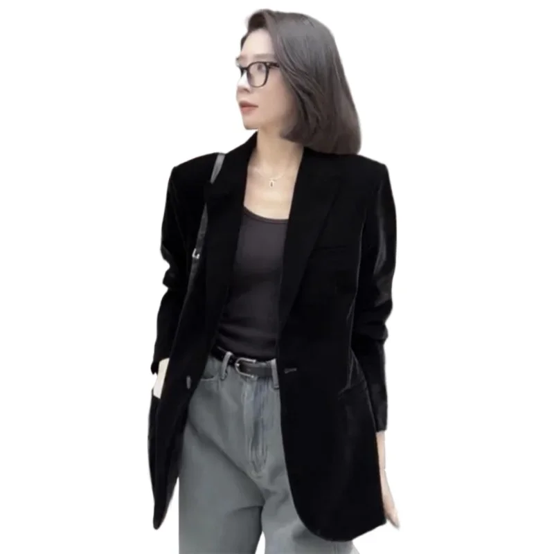 Senior Sense Fried Street Black Velvet Suit Jacket Female Autumn Winter Slim Temperament Goddess Fan Small Suit Top Beautiful