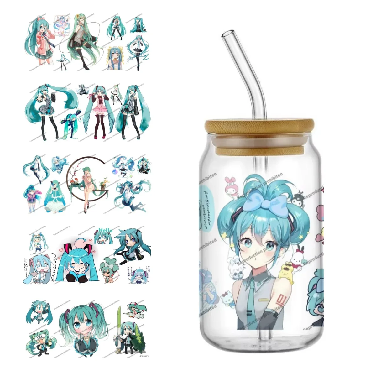 Наклейки для стаканов Hatsune Miku UV DTF, 16 унций, самоклеящиеся, моющиеся, для стеклянных бутылок, DIY, прочные, для автомобиля