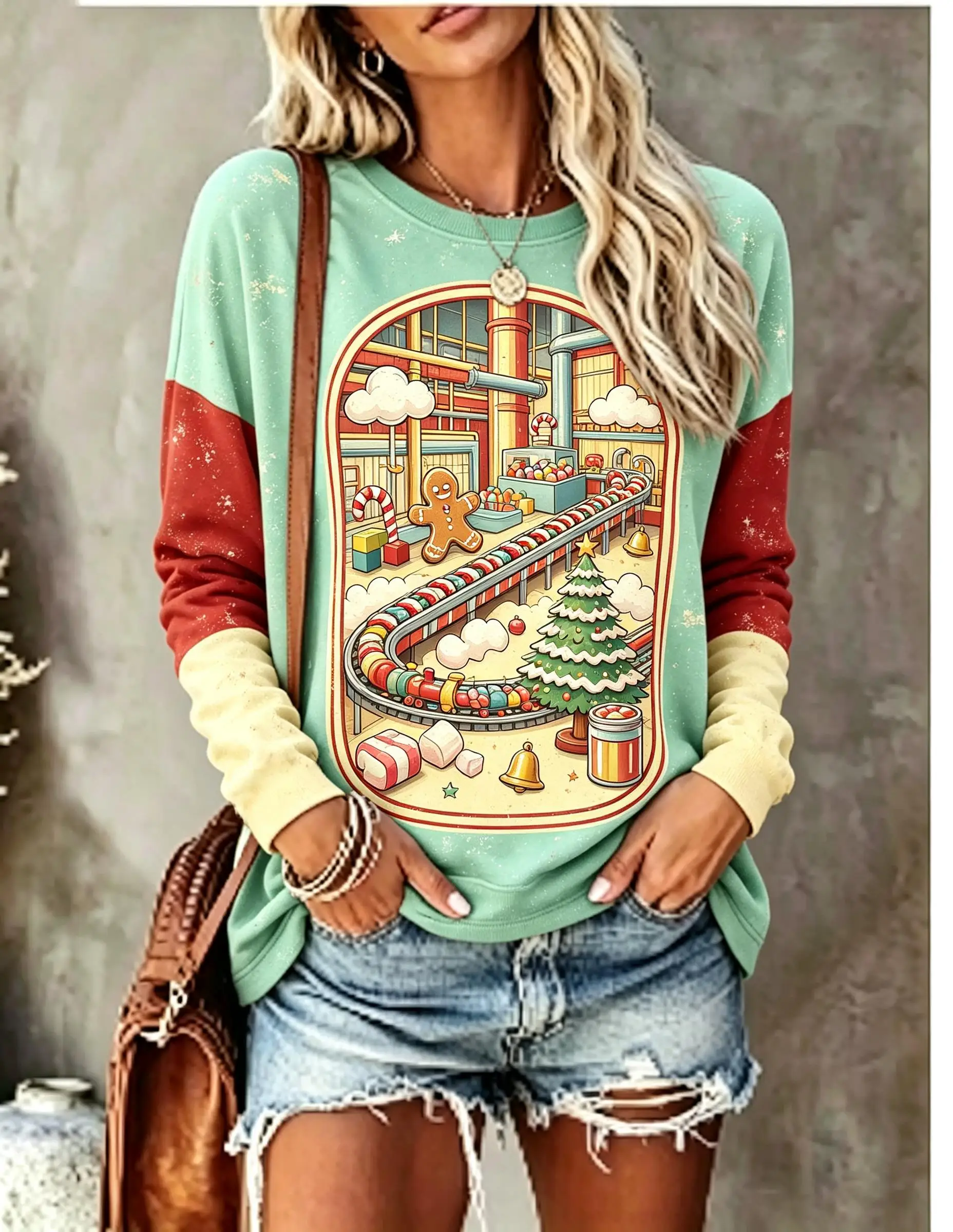 Women Long Sleeve T‑Shirt Christmas Gingerbread Man Candy Factory Conveyor Belt Color Block Print Crew Neck Casual Tops - view 4