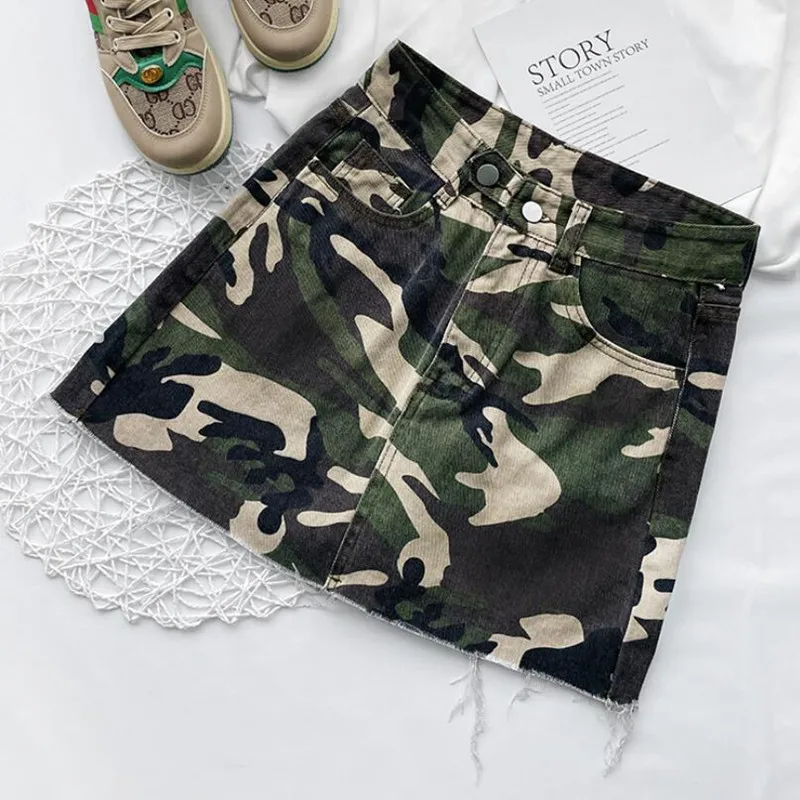 High Waist Camouflage Denim Skirt Women's Summer New Korean Army Green Bag Hip Mini Skirt s389