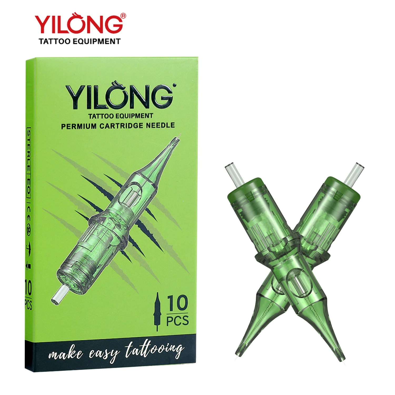 

YILONG 10 шт. стерильная упаковка для картриджей, зеленые иглы для татуировки, инструмент для татуировки для перманентного макияжа, ручка для тату-машины