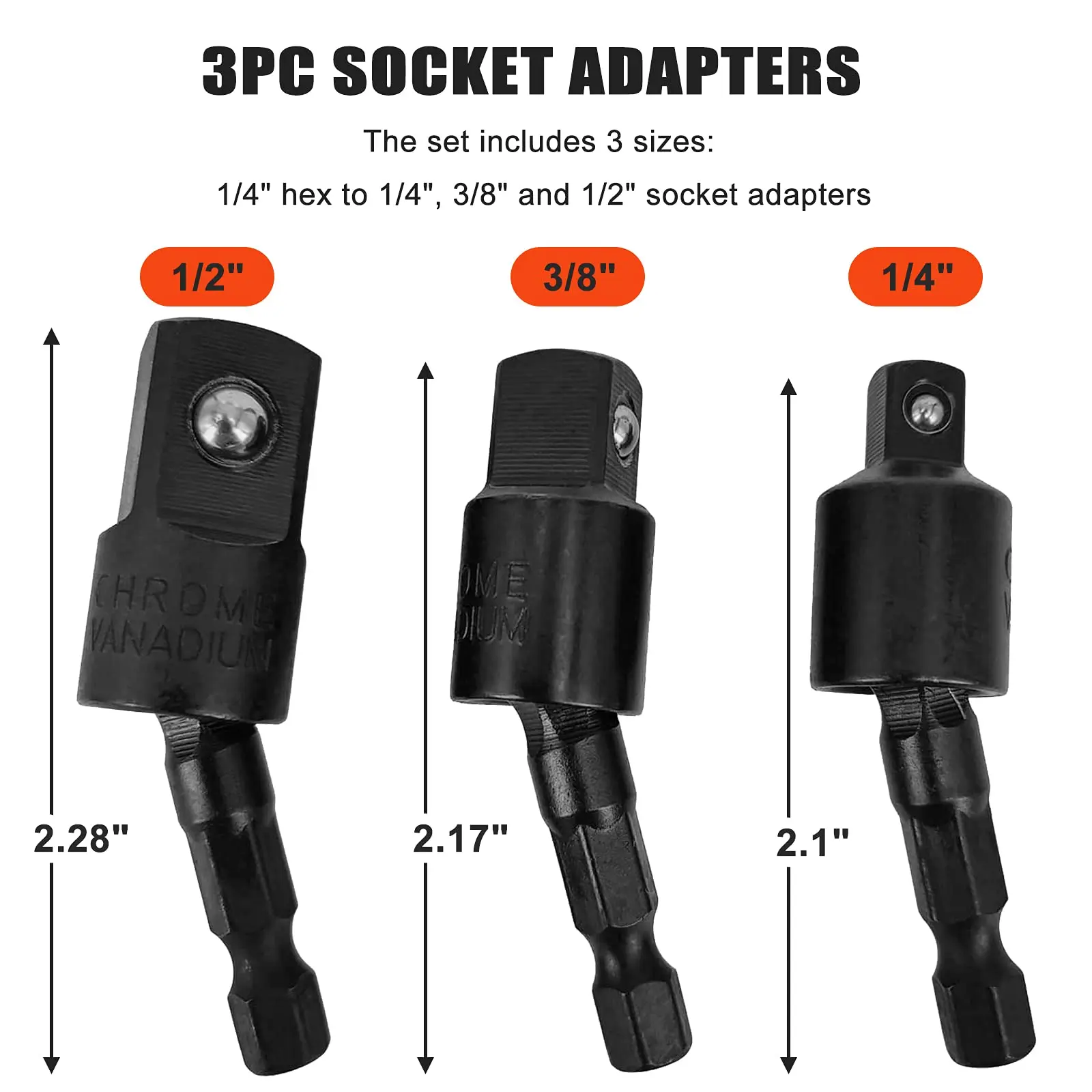 SenNan 3pc 1/4" 3/8" 1/2" Electric Wrench Drill Socket Adapter 360° Rotatable Square Socket Converter Tool for Impact Driver Set