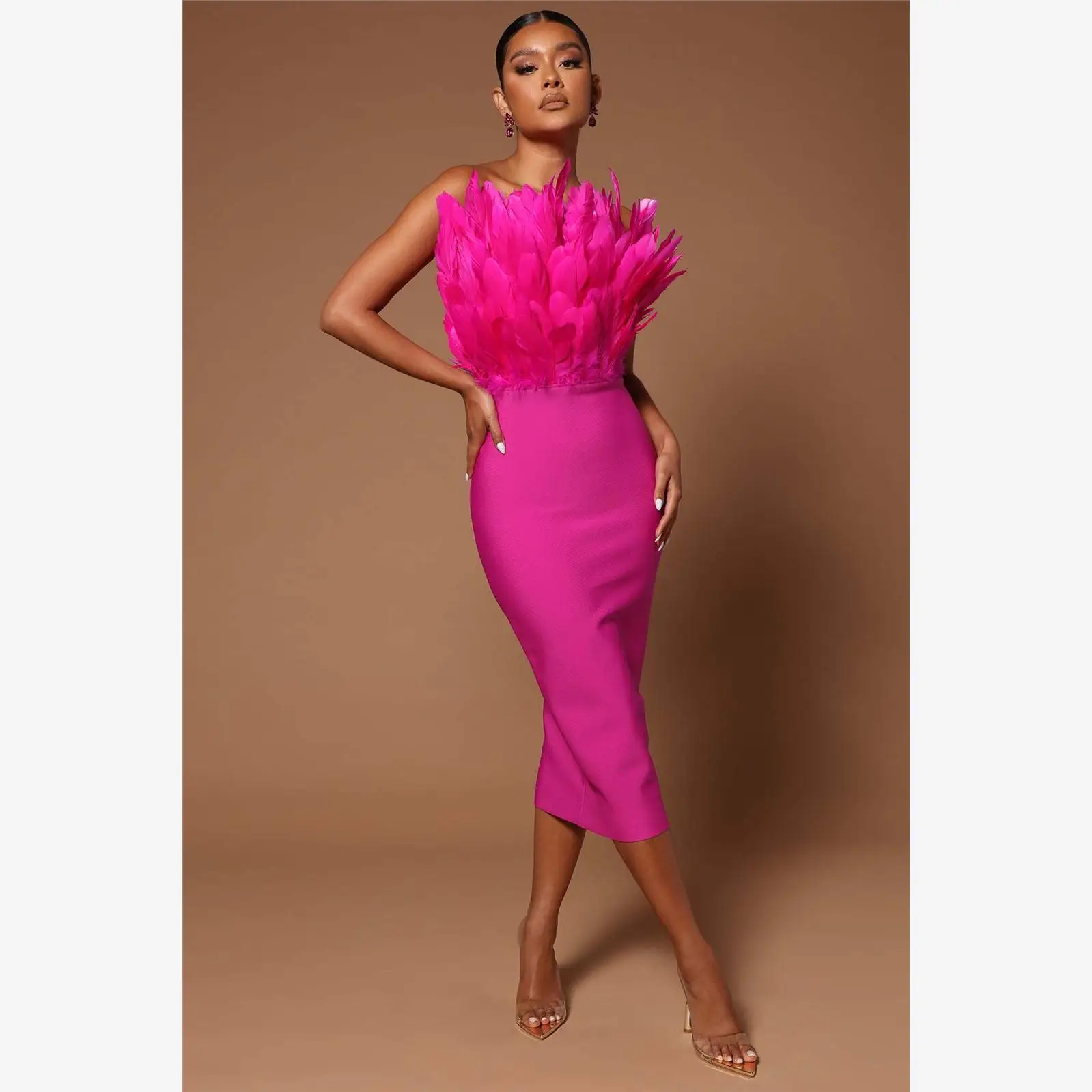 

Сексуальное вечернее платье миди с перьями и драпировкой, без бретелек, облегающее, модное, элегантное, для женщин