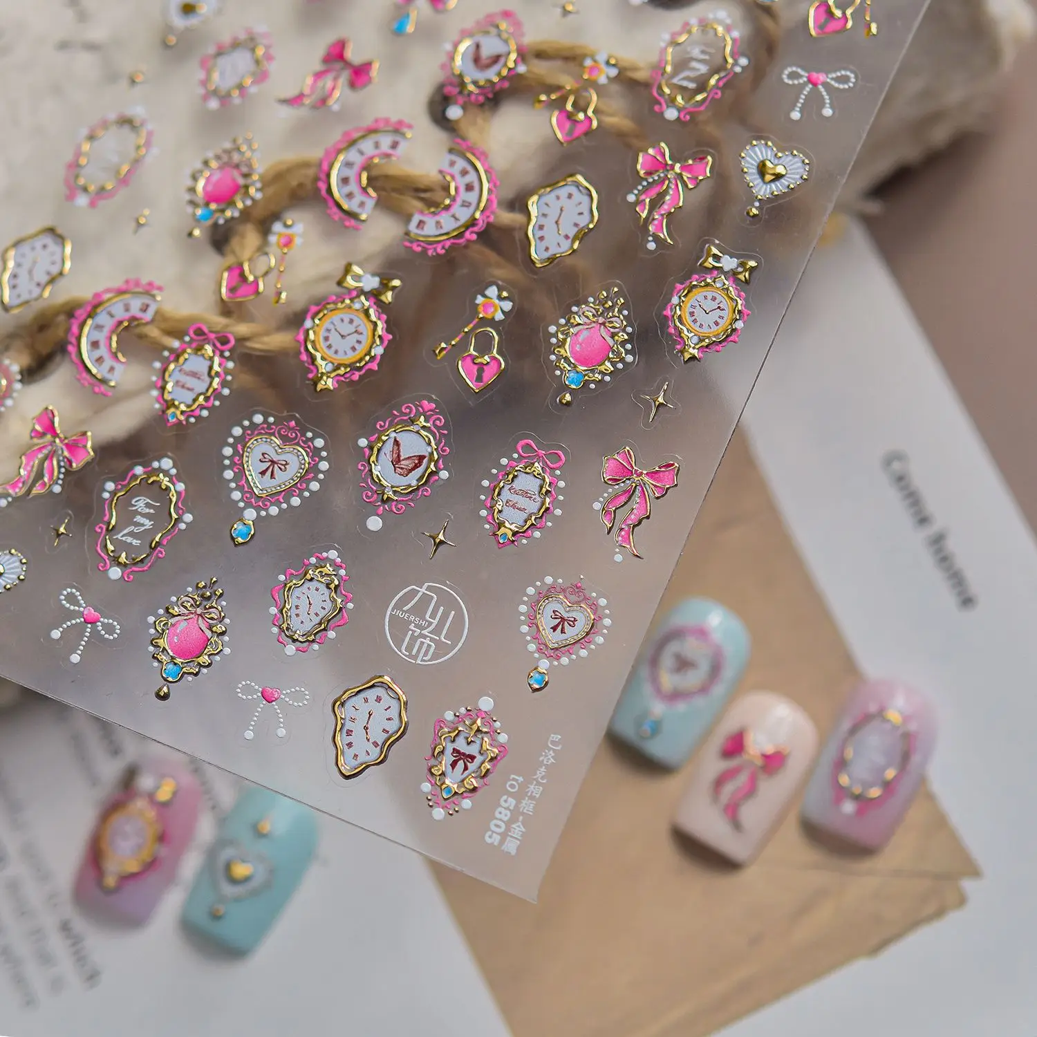 Luxury Baroque FrameNail Art Stickers Embossed Clock Pink Bow Heart-shaped Sticker Self-adhesive Nail Art Decoration Accessories