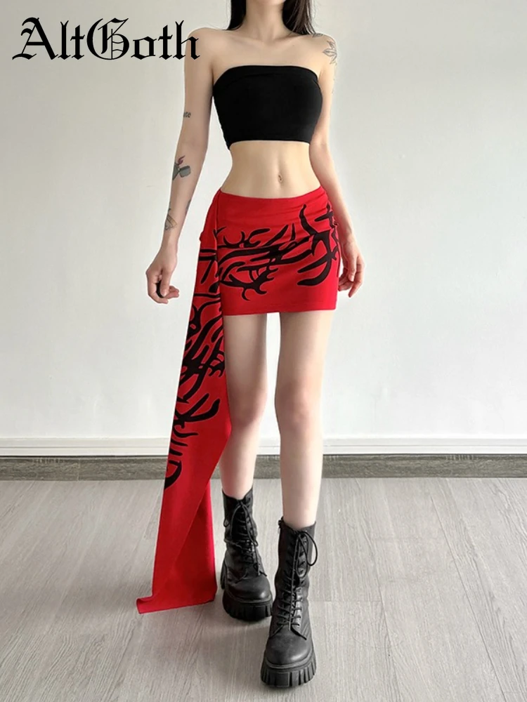 AltGoth Emo Alt Y2k Red Skirt Women Cyber Punk Mall Gothic Streetwear Harajuku Grunge Thorns Printed Ribbon Patchwork Mini Skirt