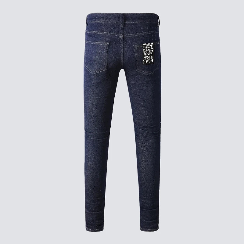 Jeans High Street blu scuro da uomo in ottone con lettere ricamate Pantaloni skinny slim fit micro-stretch Pantaloni alla moda per tutti i fiammiferi