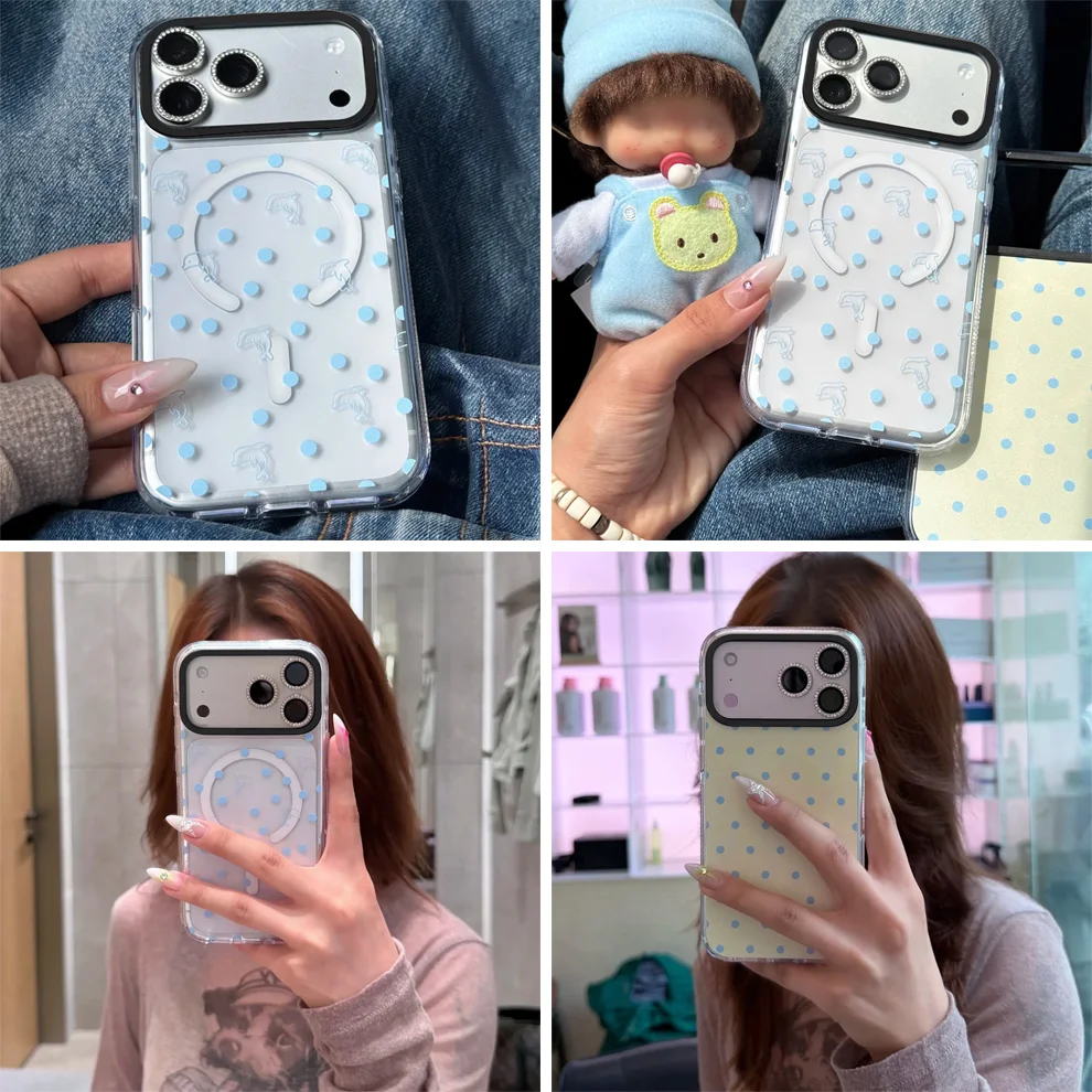 Blue Dolphin Dot Transparent Clear Border Magnetic Phone Cover for IPhone 13 14 15 16 17 Pro Max Case for IPhone 17Pro
