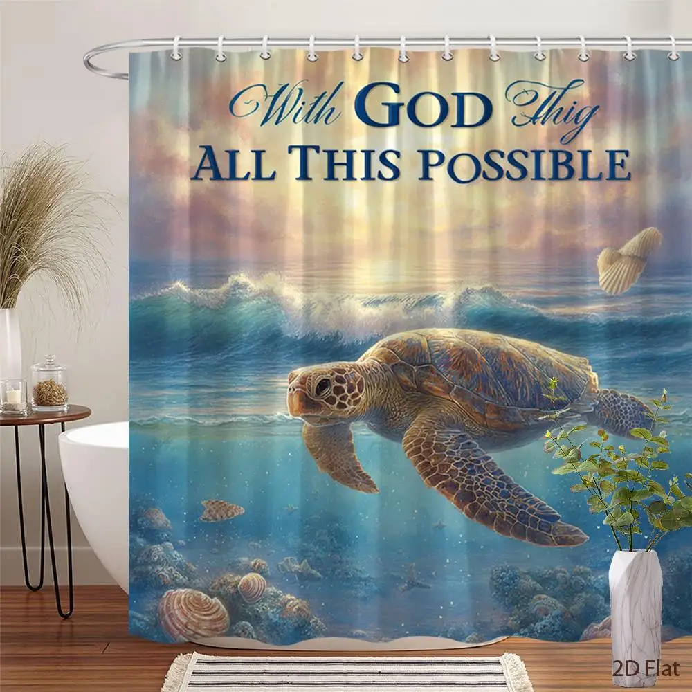 Ocean Sea Turtle Shower Curtain Waterproof Inspirational Christian God Art Tropical Beach Coastal Bathroom Home Decor