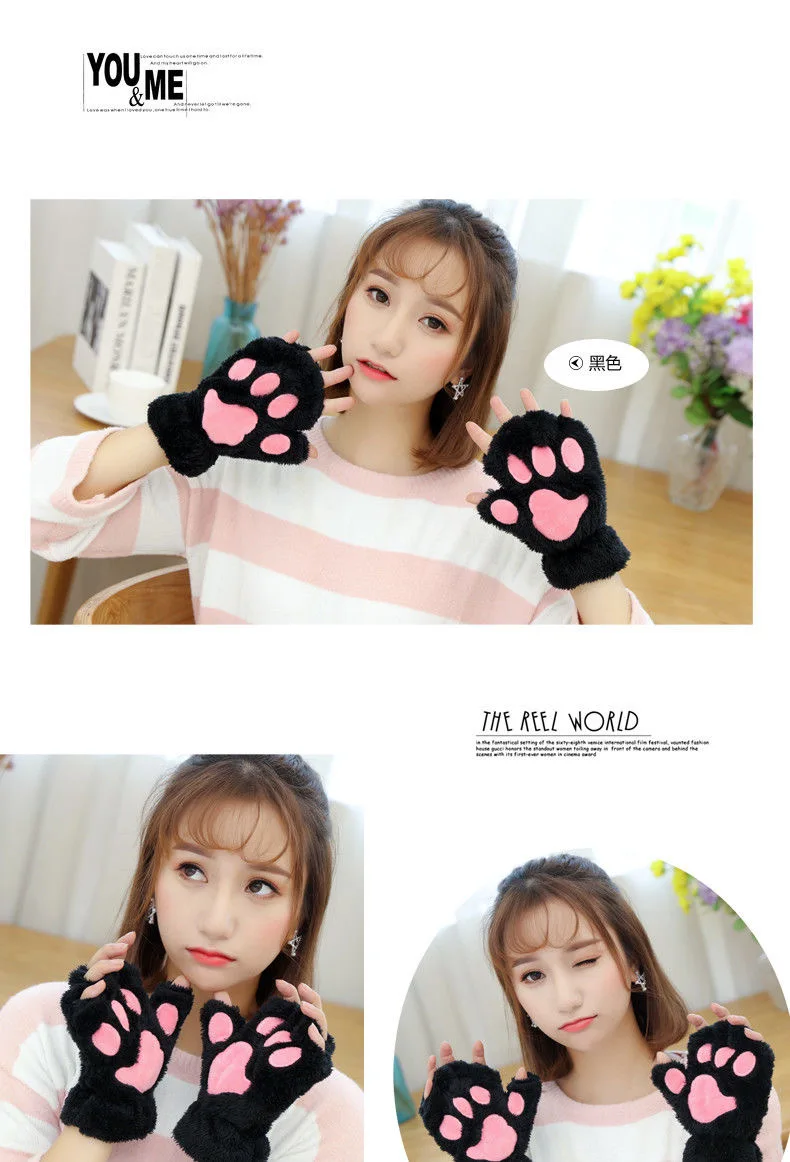 Cute Cat Claw Gloves Women Thermal Half Finger Kawaii Lady Velvet Thick Winter Cartoon Halter String Student Gloves