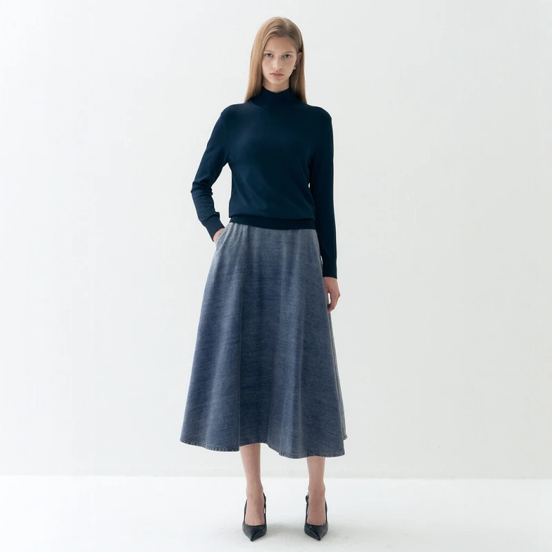 Fall New Arrival A-Line Denim Skirt Maxi Skirt Elegant Commute Versatile Slimming Skirt High Waist Cotton Material Washed Finish