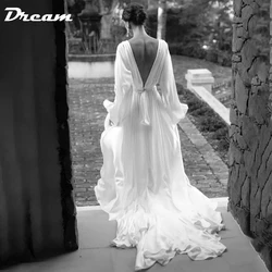 DREAM Customized V Neck Long Puff Sleeves Bobo Wedding Dress 2024 Backless High Slit Sweep Train Simple Chiffon Bridal Gown