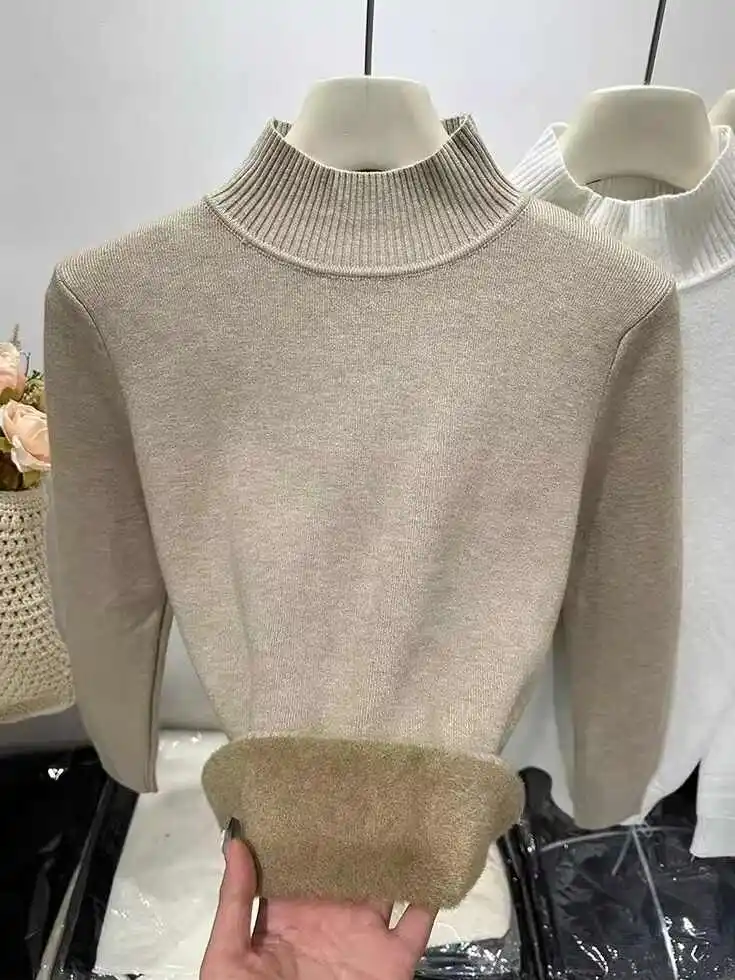 محبوك سترة المرأة البلوفرات الجديدة طويلة الأكمام وهمية الرقبة الصوف مبطن سميكة متماسكة سترة البلوز النساء بلايز البلوزات Q1133