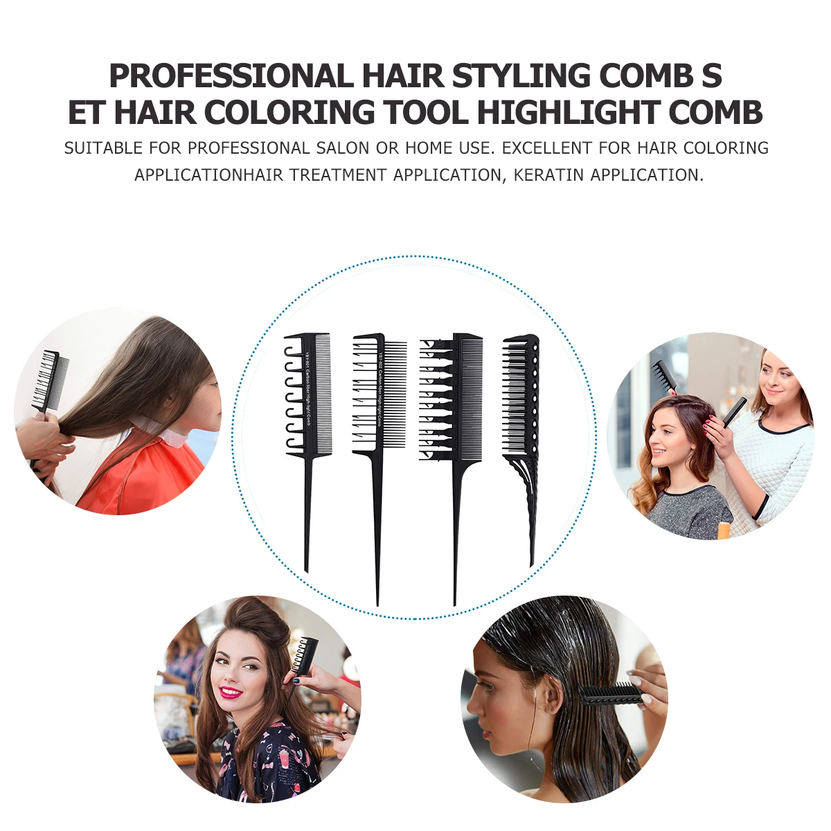 

4pcs Hair Dyeing Combs Set Carbon Fiber Black Styling Tools Salon Use Applicator Detangle Heat Resistant Anti Static