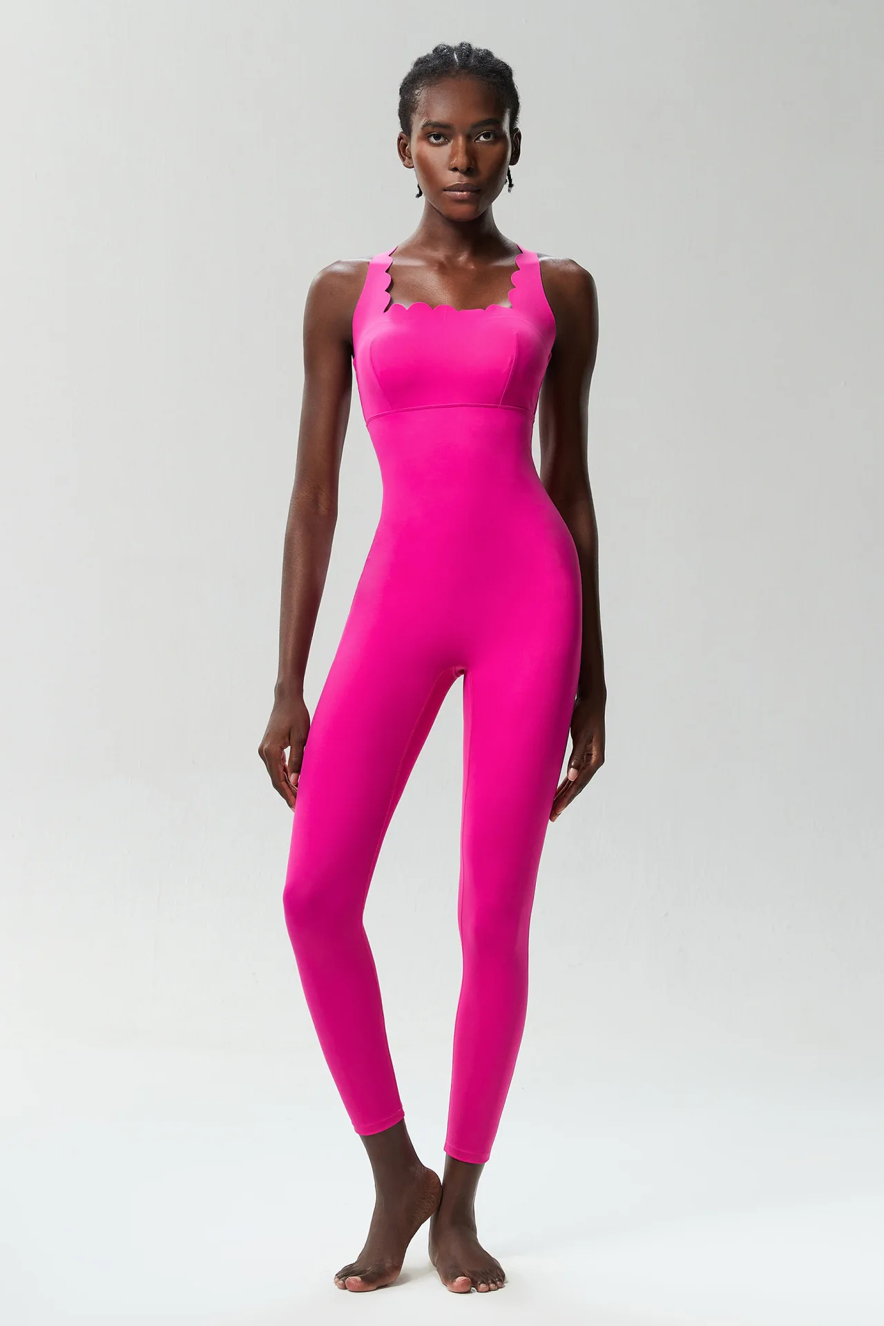 Women Scallop Edge Sleeveless Yoga Jumpsuit Criss Cross Back Bodycon One Piece Workout Fitness Activewear