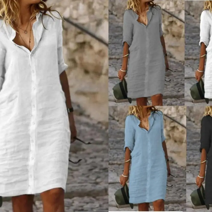 Irt Dr informal de lino y algodón con cuello abatible, silueta acampanada de media manga, cintura suelta cómoda para ir al trabajo y ocio