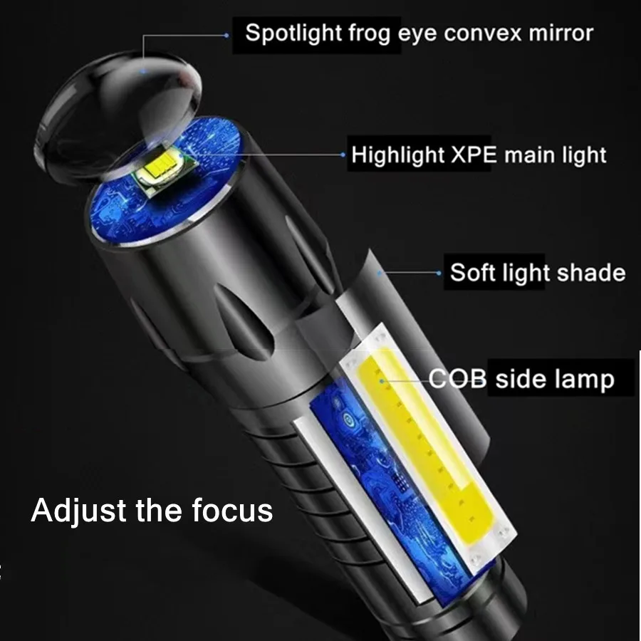 Muunnn Portable LED 3 Modes Rechargeable Zoom Flashlight Light LED Flashlight XPE COB Flashlight with Waterproof Camping Light