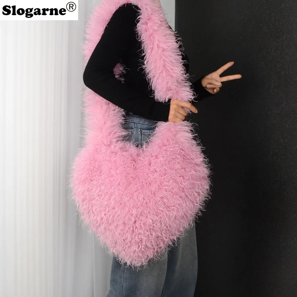 

Long Plush Women's Large Shoulder Bag Luxury Faux Fur Female Love Shape Bags Y2k Punk Girls Fluffy Tote Handbags Crossbody Bag
