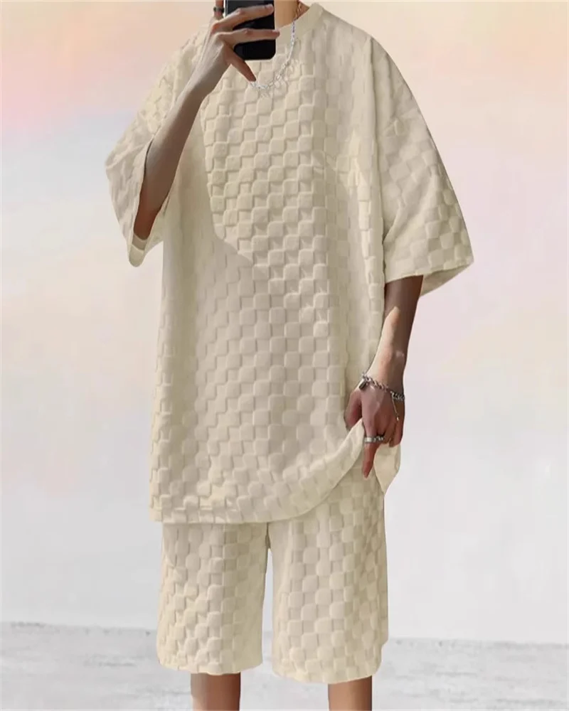 

Летняя модная мужская одежда - Однотонный клетчатый костюм - Весенне-летний спортивный повседневный комплект из двух предметов свободного кроя с короткими рукавами