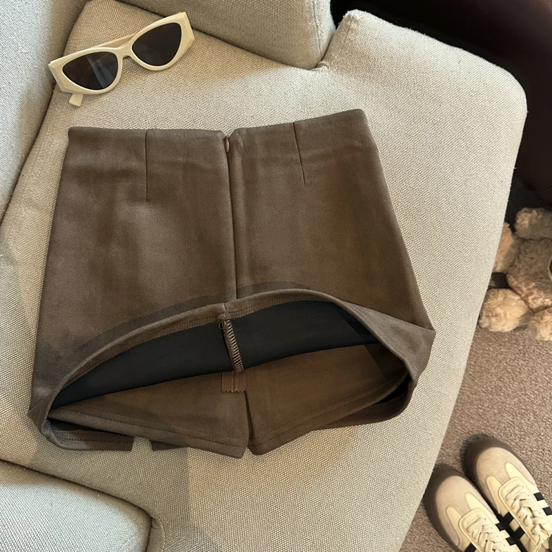 Koreaanse Eenvoudige Vrouwen Zwart Sexy Wrap Hip Korte Rokken Herfst Winter Bruin Hoge Taille Ritsen Half Mini Rok Kantoor Dames 2025