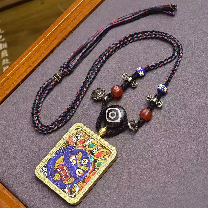 

Braided Rope Necklace Agate Board Eye Dzi Bead Copper Clip Glazed Six-Armed Mahakala Thangka Buddha Pendant