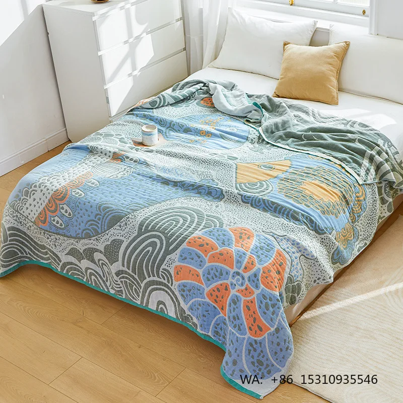 2026 New High-End Thickened Pure Cotton Gauze Modern Summer Nap Blanket Double Bed Cover Plants & Flowers Multifunctional
