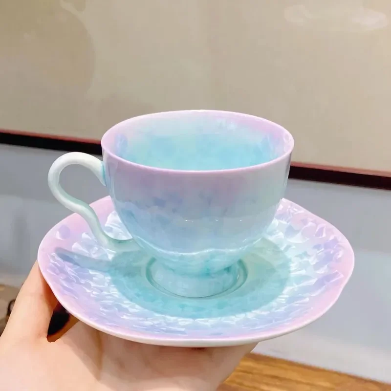 Elegant Star Purple Ceramic Coffee Cup Set with High Foot Design Gradient Ice Crack Pattern for Home Use Perfect Gift